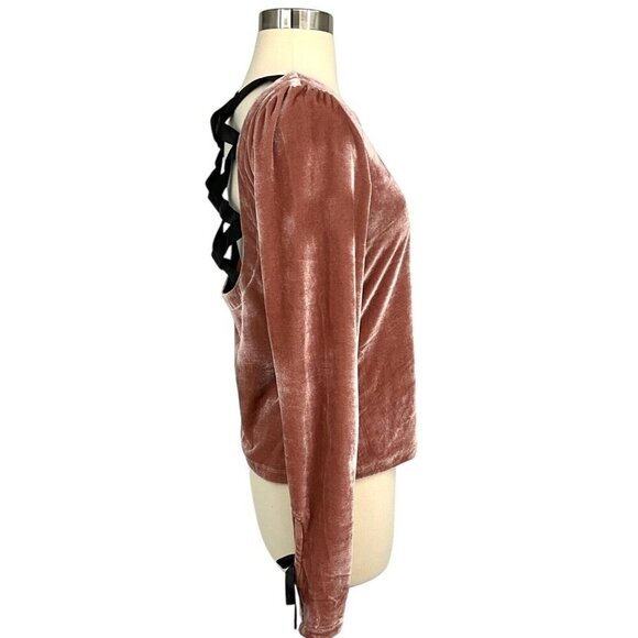 Anthropologie Open Back Top Pink Velvet Size S Strappy Long Sleeve Bows Evening - Picture 3 of 9